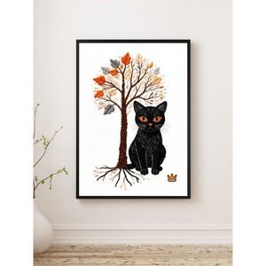 Black Cat Tree of Life Embroidered‎ Artwork Re-Print 12x16 Crown Regal